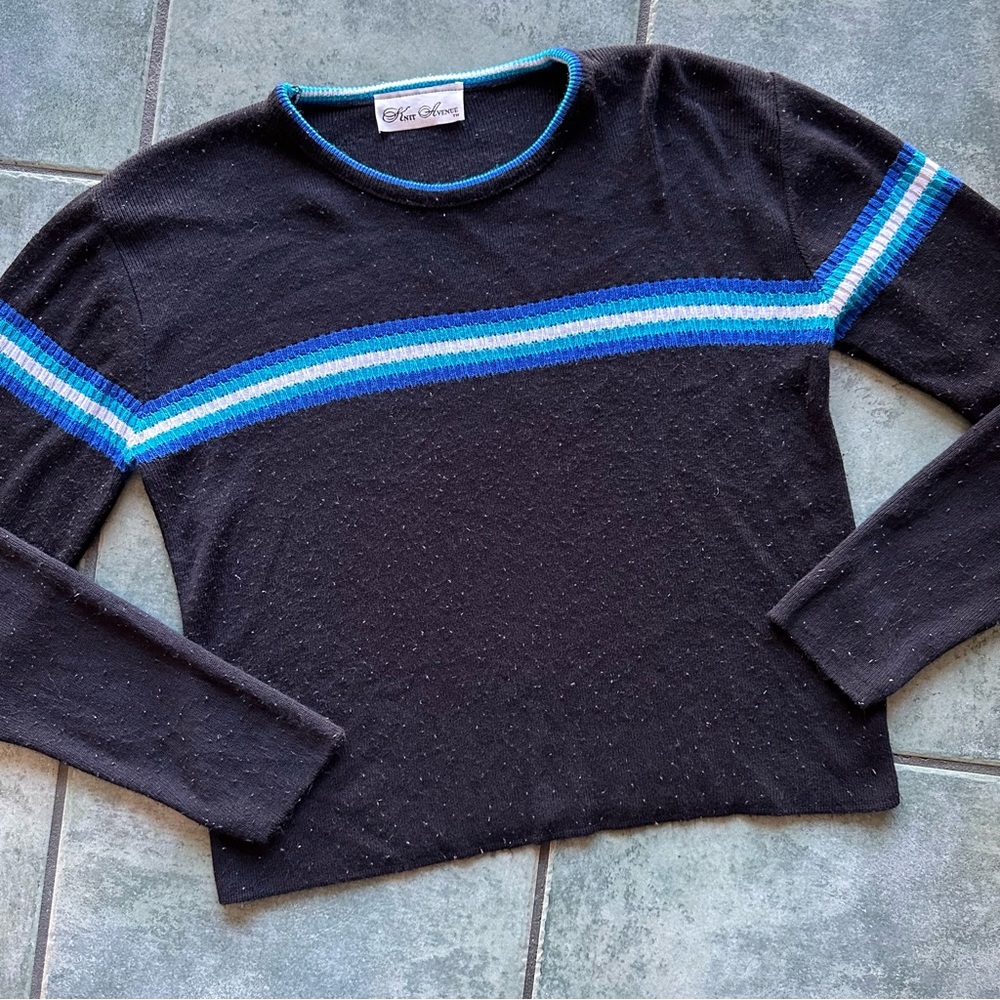 VTG 90s Black w/ Electric Blue Stripe Knit Avenue Sweater Top